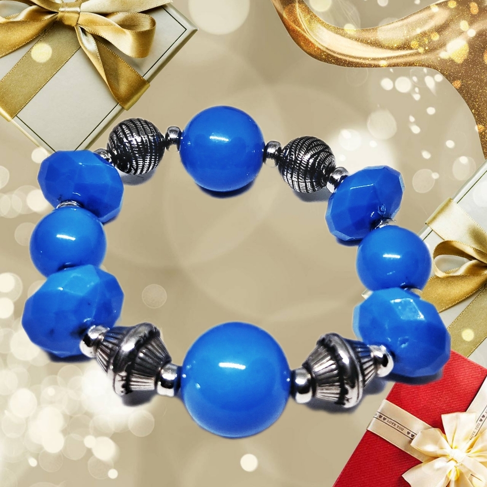 Blue & Silver Tone Beads Slip-on Handmade Bracelet NWOT